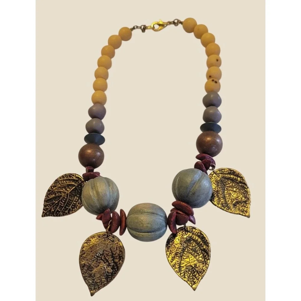 Beaded Leaf Necklace Boho Cottagecore Nature Statement Yellow Gold Tone